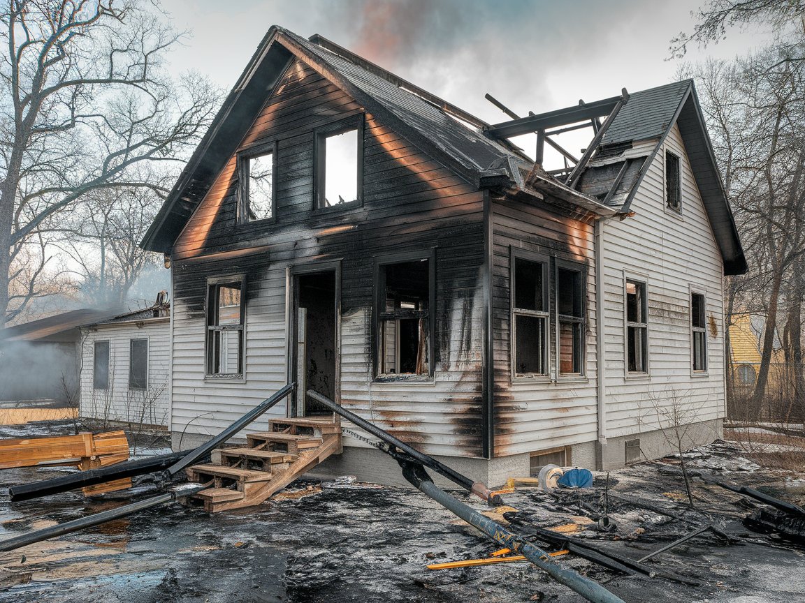 A two-story house severely damaged by fire, with charred walls and missing parts of the roof.