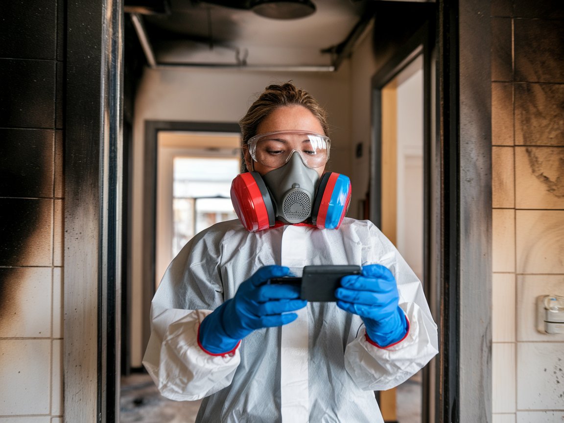 A woman in protective clothing, wearing a respirator mask, goggles, and blue gloves, stands inside a fire-damaged building, holding a device.