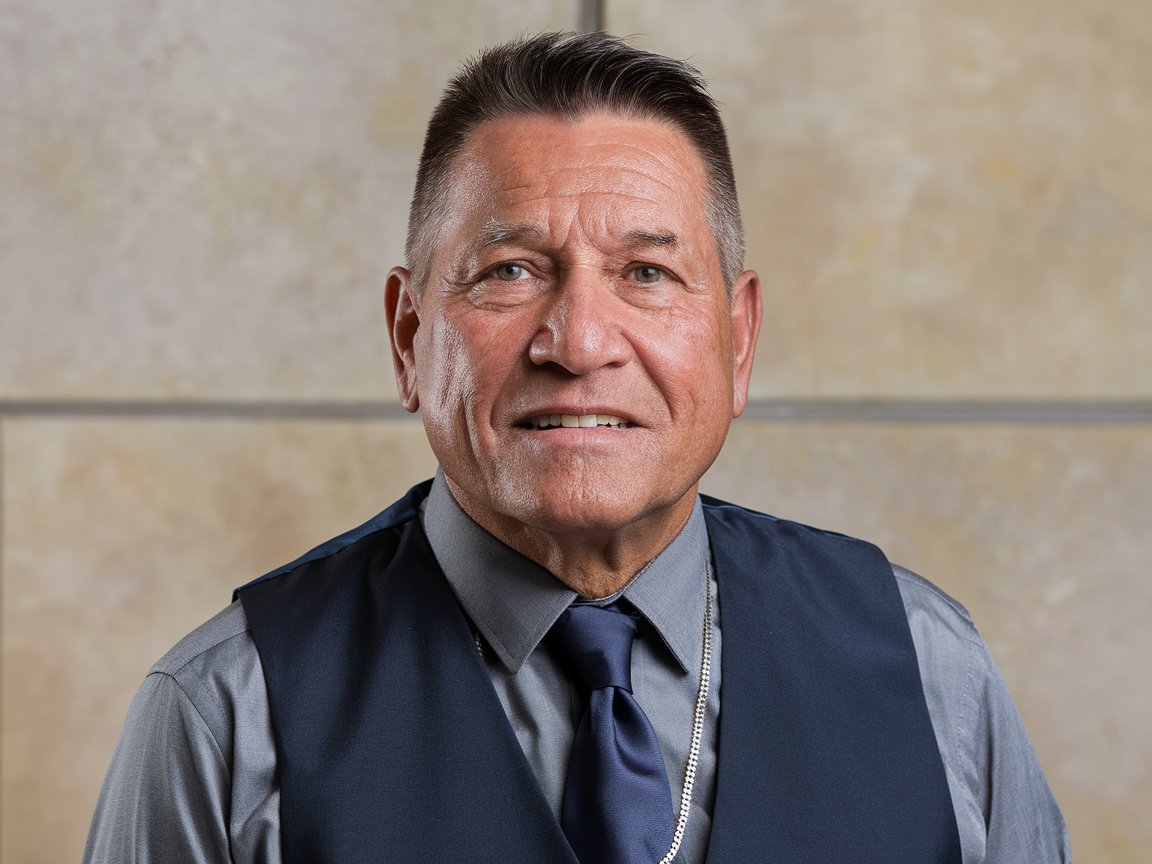 Older man in a vest posing in front of a neutral background.