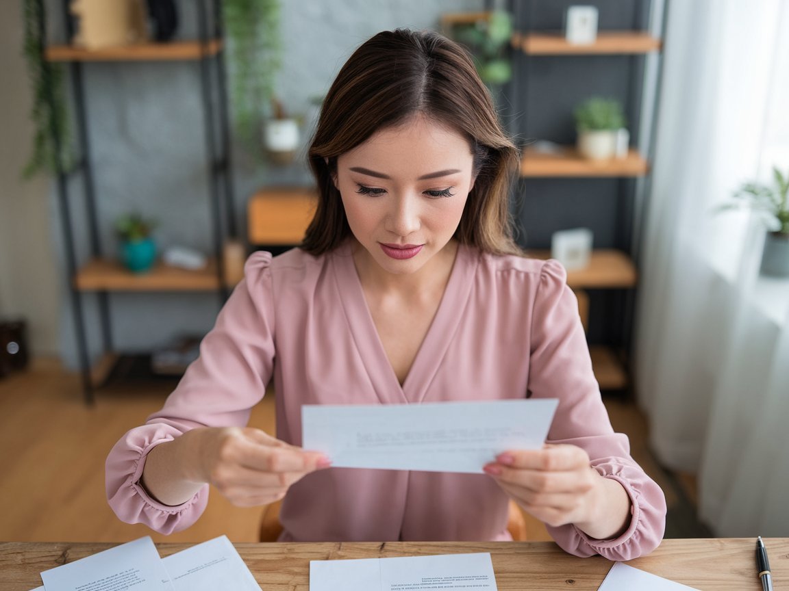 Woman reviewing documents while sitting at her desk.