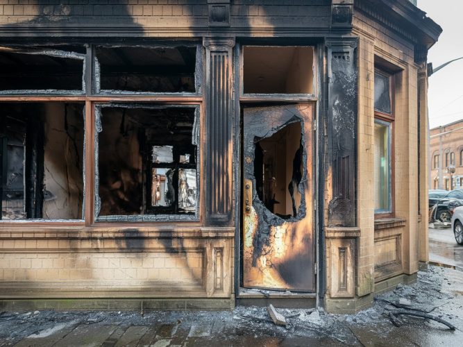 A charred, burned storefront with a shattered door and soot-covered windows after a fire.